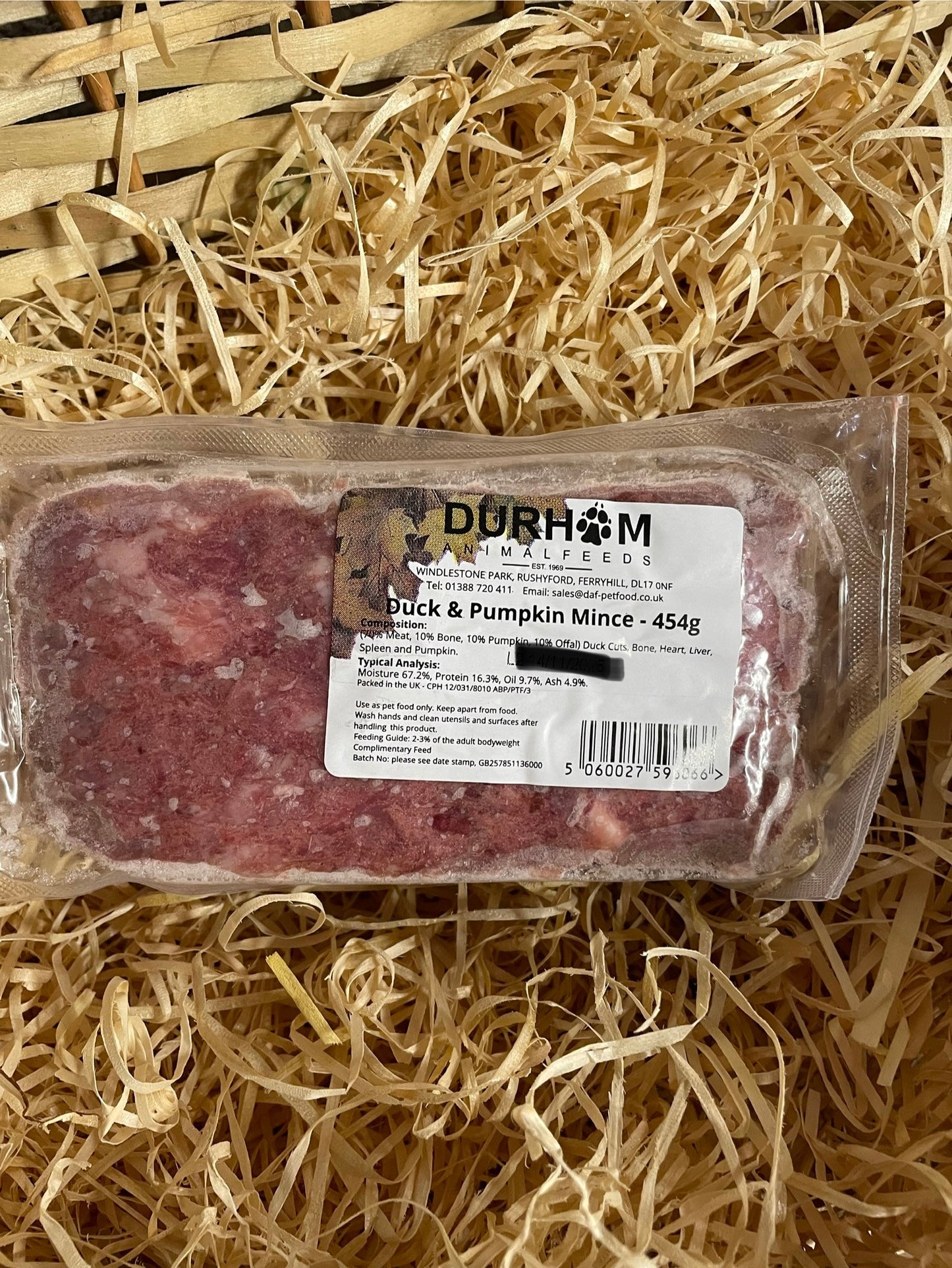 DAF Duck & Pumpkin 70/10/10/10 Mince. Single Protein with added Pumpkin.