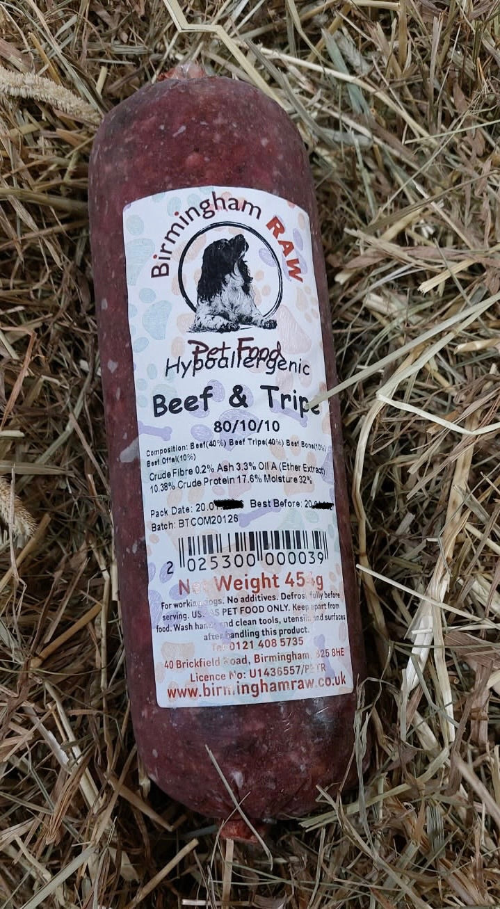 Beef and Beef Tripe 80/10/10 Mince. Birmingham Raw. Single Protein.