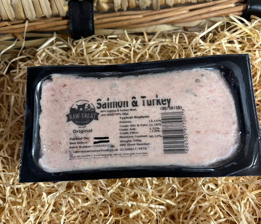 Salmon & Turkey 80/10/10 Mince.  Raw Treat.
