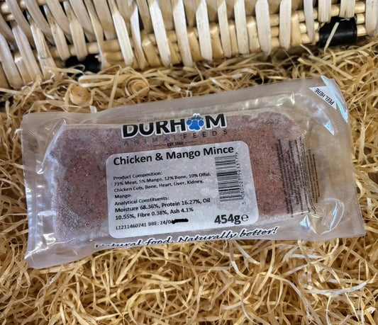 Chicken with Mango 73/5/12/10 Mince.  DAF.  Single Protein with added Mango.