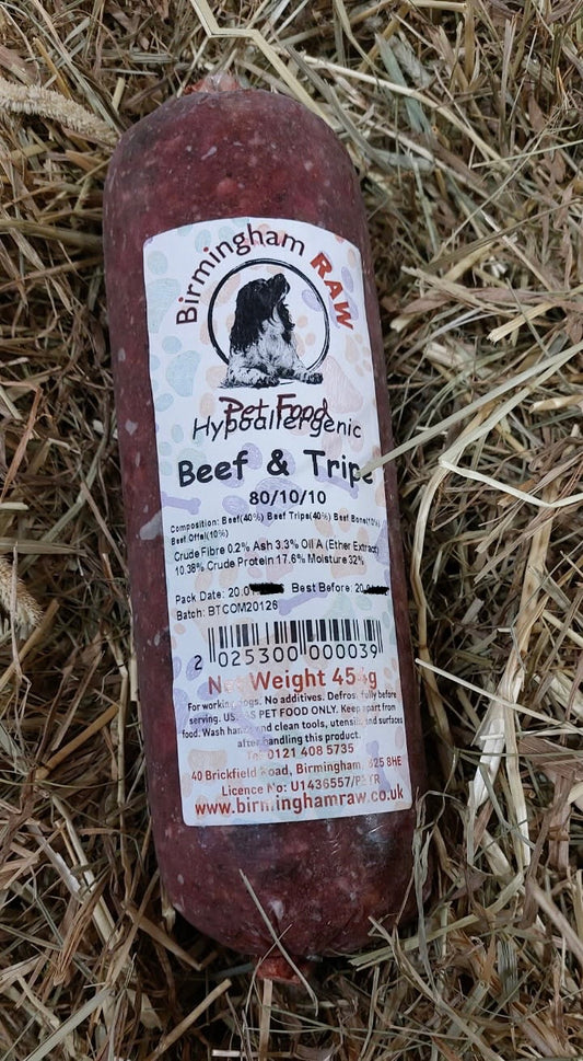 Beef and Beef Tripe 80/10/10 Mince.  Birmingham Raw.  Single Protein.