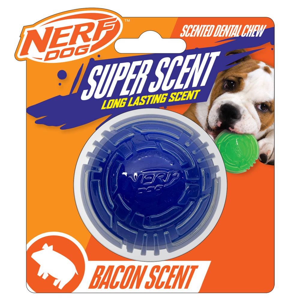 Nerf Dog TPR/PP Scented Bacon Super Scent Ball Solid Core 2.5in Clear/Blue